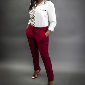 Tailored ankle length cigarette pants in burgundy